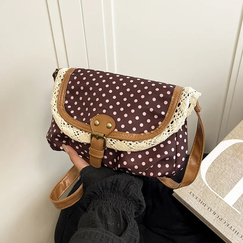 French Retro Dot Women Shoulder Bags Sweet Lace Ladies Flap Crossbody Bag Purse Elegant Portable Female Lightweight Handbags