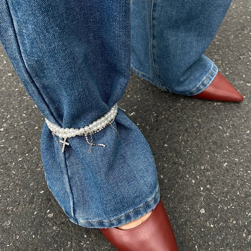 Pearl Cross Tassel Beaded Pants Ankle Chain For Women Foot Chains Jeans Jewelry Trouser Leg Decorative Clothing Accessories
