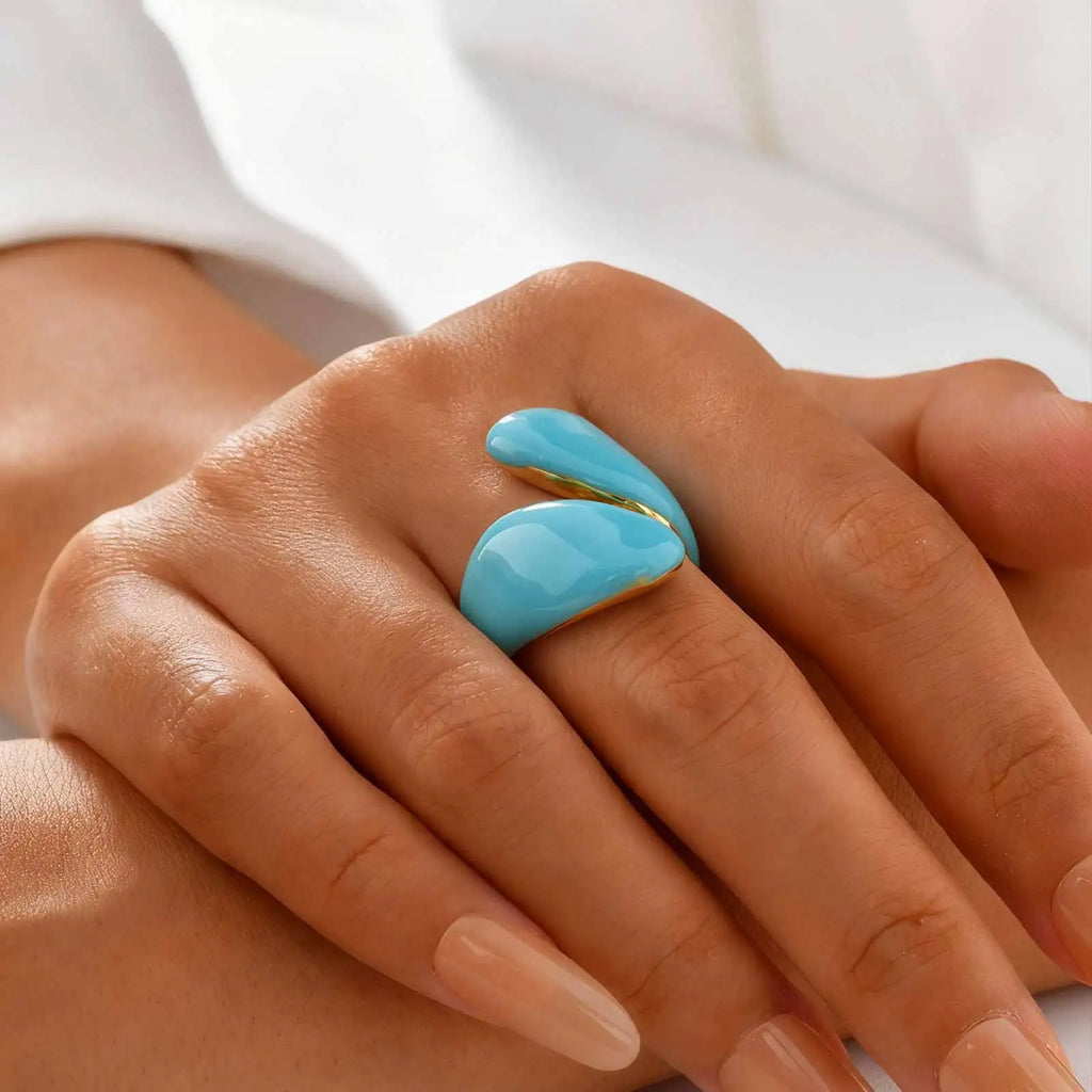 Chunky Open Twist Stackable Rings for Women, Blue Geometric Bold Enamel Crossover Statement Ring Band Waterproof