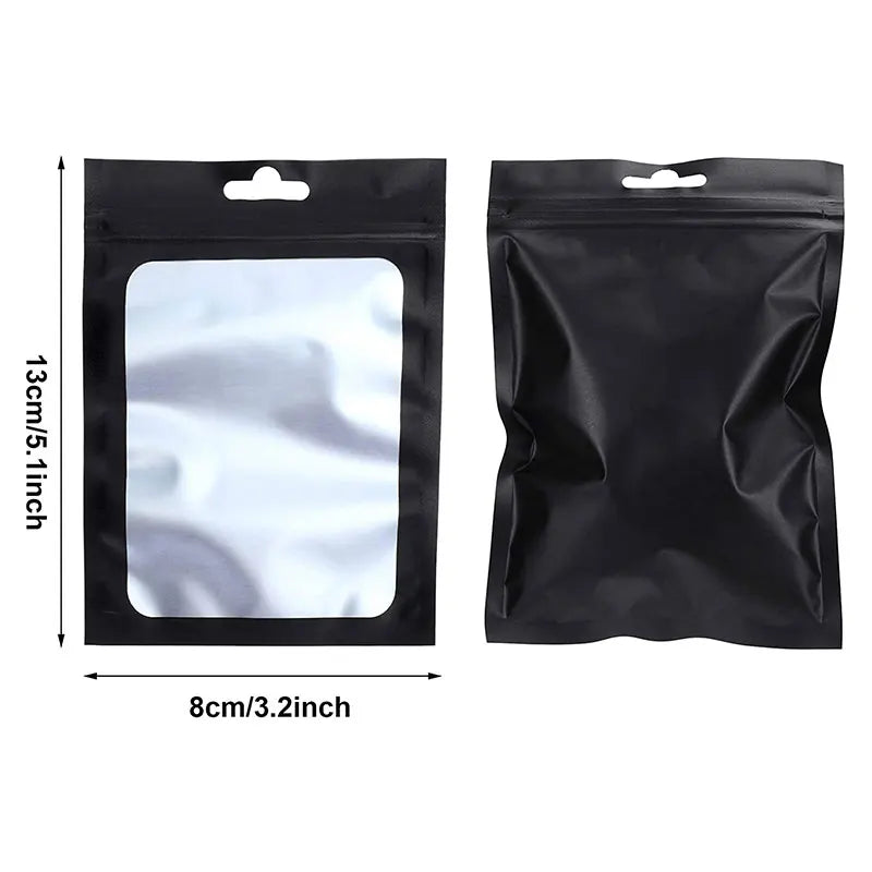50pcs Black Flat Foil Lock Bags Bath Salt Cosmetic Bag One Side Clear Mini Thick Mylar Resealable Bags Smell Proof Ziplock