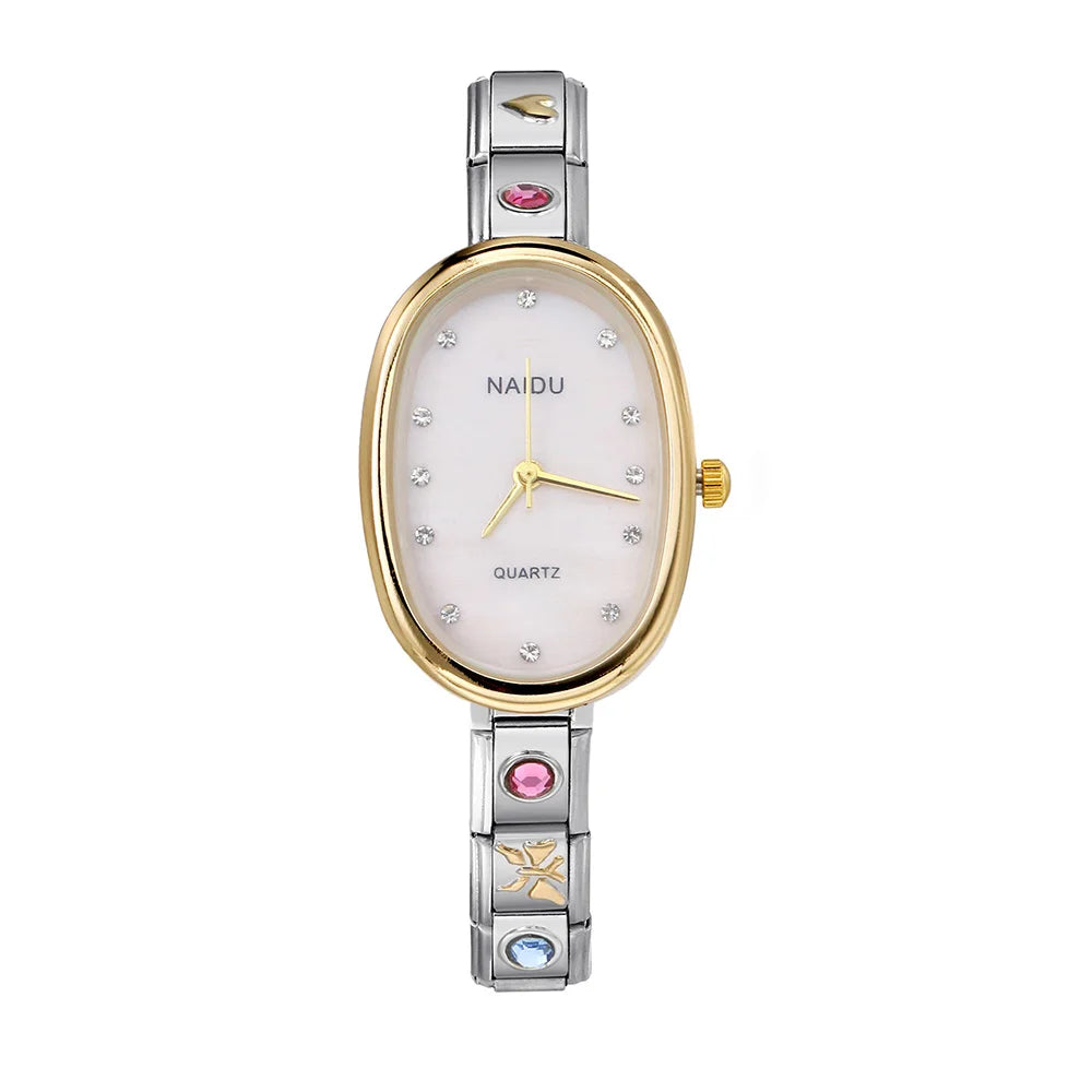 GEMOSA Modern Oval Casual Vintage Design Quartz Watches Women Ladies Stainless Steel Width 9mm Strap Party Birthday Perfect Gift