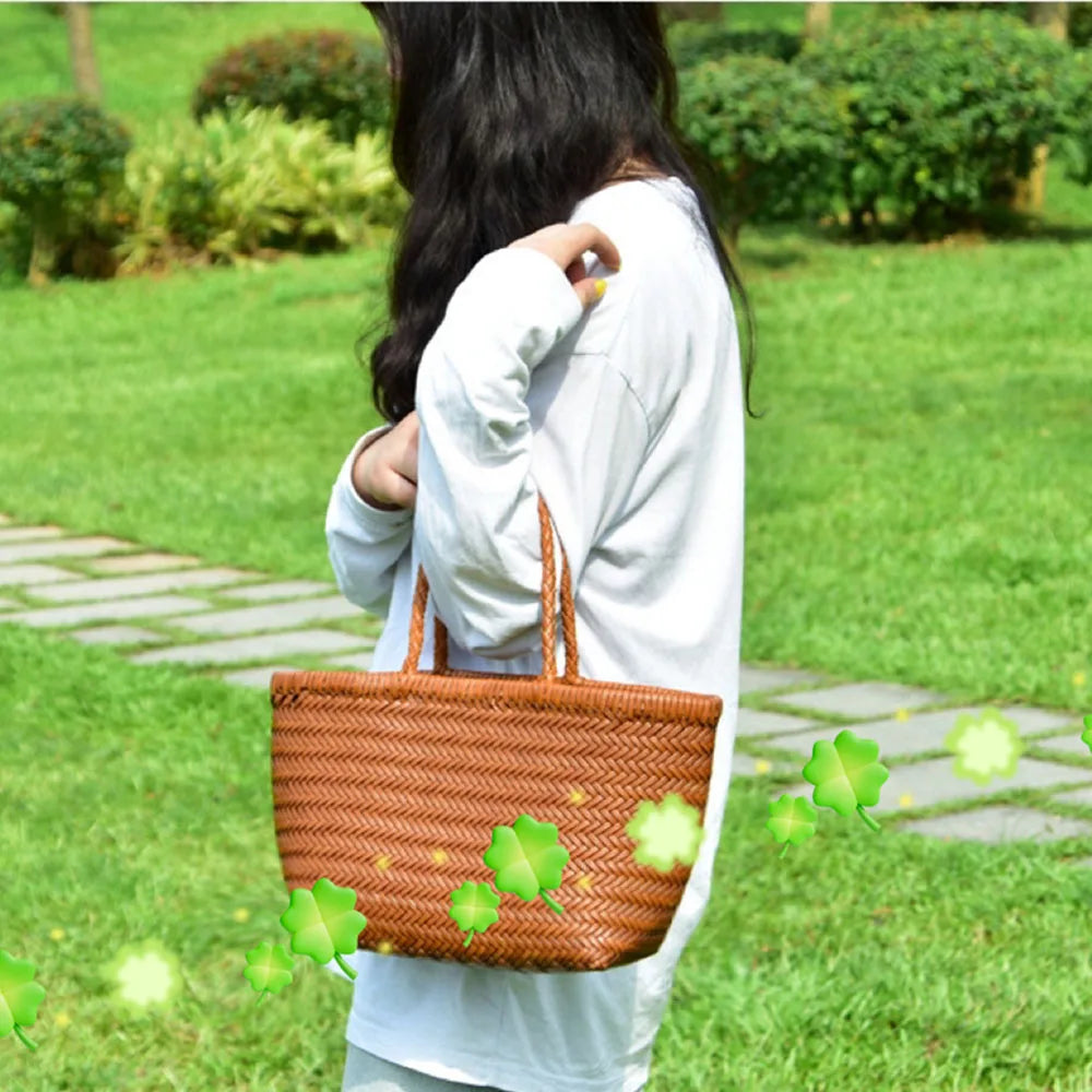 Women Leather Weave Handbags Feminine Handmade Woven Bucket Bag With Cotton Inner Pockets Casual Knitting Leather Handle Bags