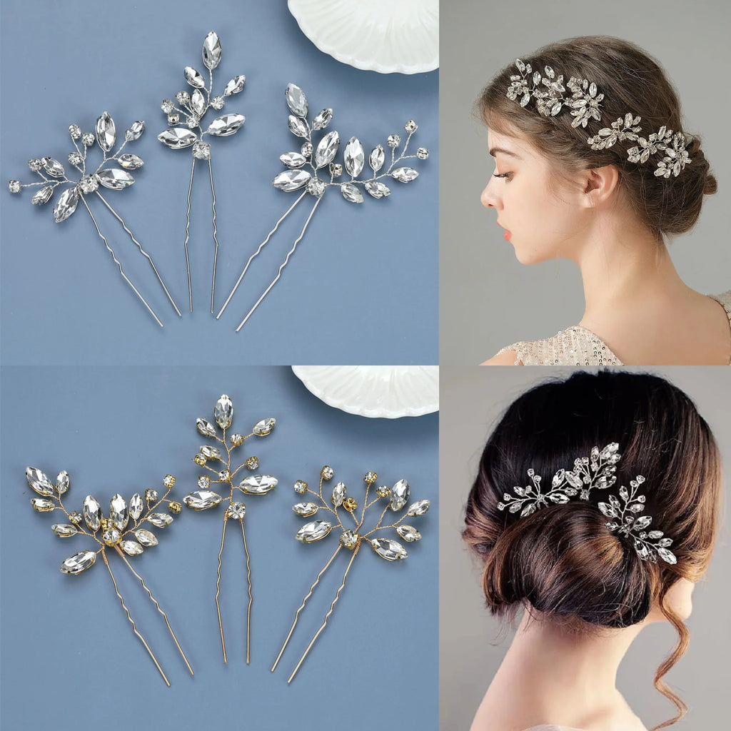 Bride U-shaped Hairpins Wedding Hair Accessories Rhinestone Leaf Shaped Hair Clips Fashion Party Side Comb Hair Jewelry Sets