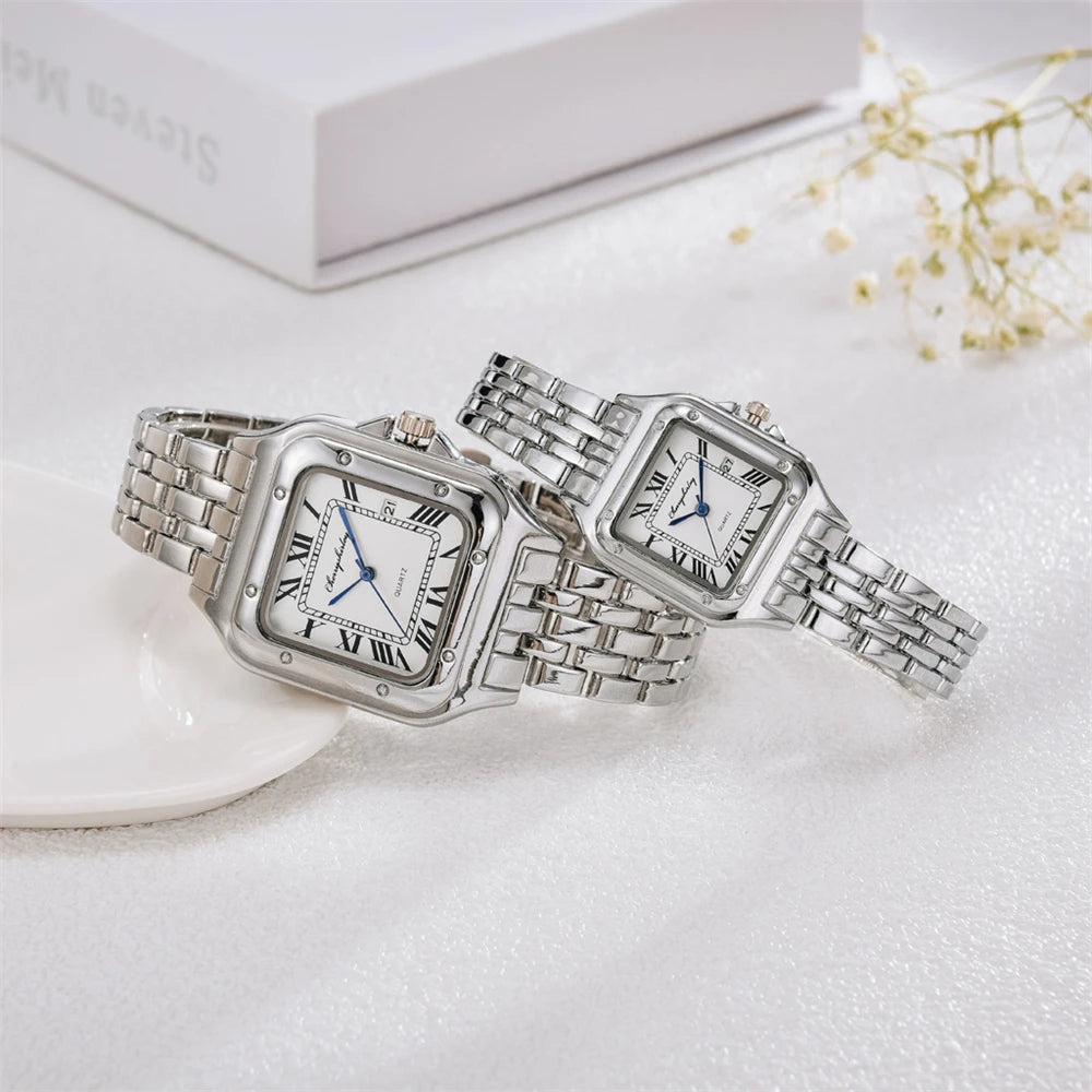 Luxury Branded Women Watches 2025 Simple Square Roman Calendar Women Quartz Watch Fashion Stainless Steel Strap Ladies Clock