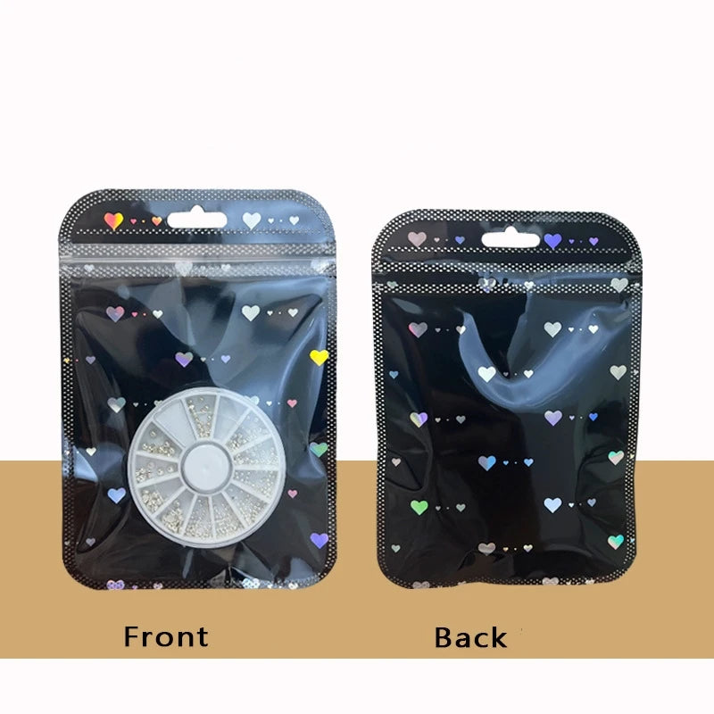 50pcs Black White Laser Heart Zipper Bags Jewelry Pouch For Bead Product Small Business Entrepreneurship Packing Material Supply
