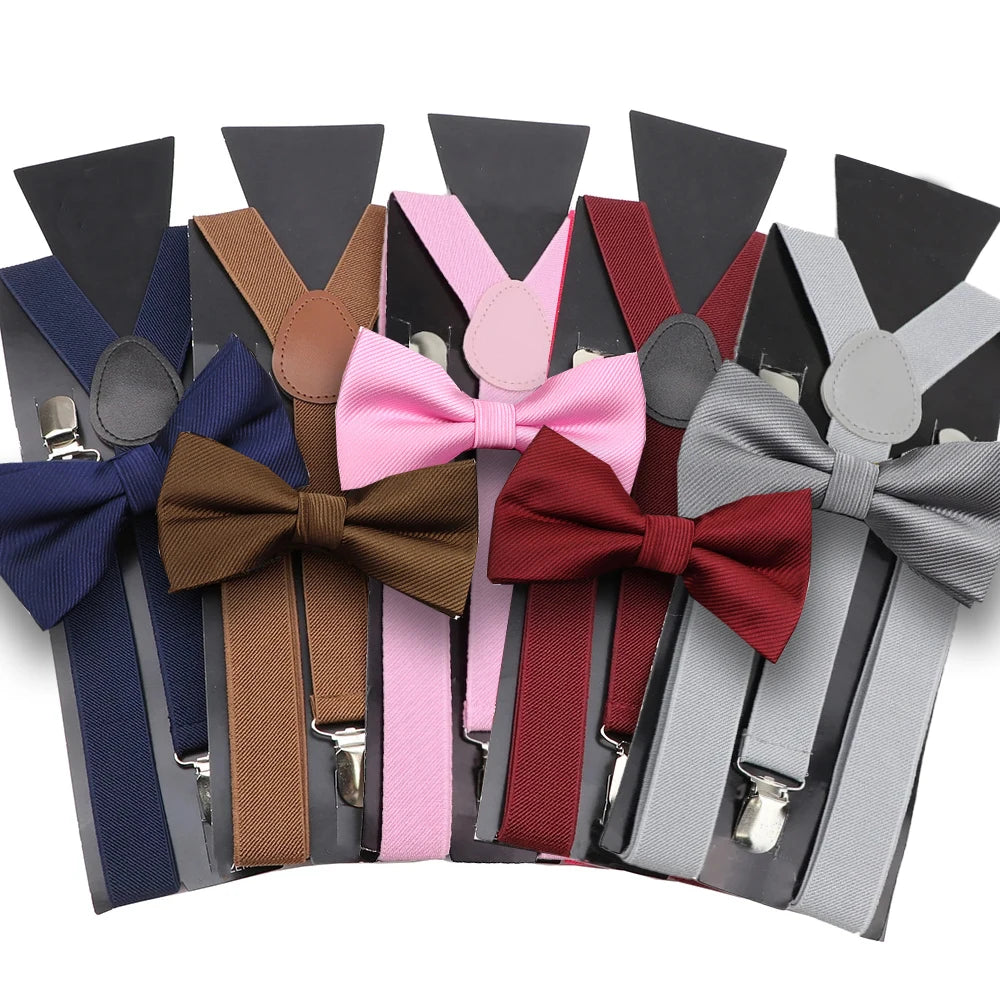 Soild Color Red Blue Bowtie Suspenders Set Men Women Tuxedo Suit Unisex Braces Butterfly Wedding Adjustable Y-Back Brace Belt