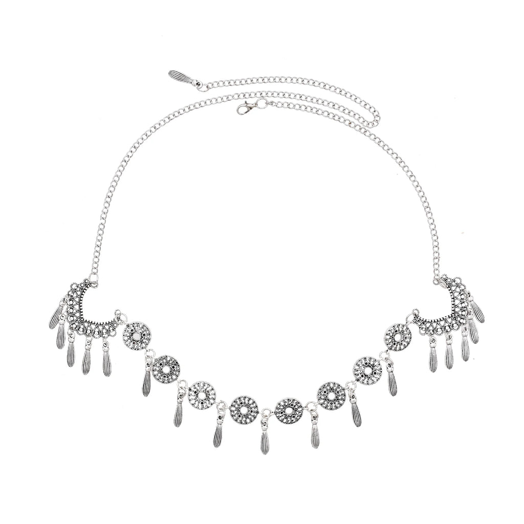 Retro Silvery Alloy Hollow Moon Pendant Forehead Headpiece for Women Boho Ethnic Indian Hippie Party Hair Accessories Jewelry
