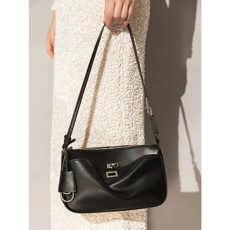2026 Spring New Luxury Brand Women Shoulder Bags Split Leather Black Handbags Women Fashion Gold Buckle Underarm Bags