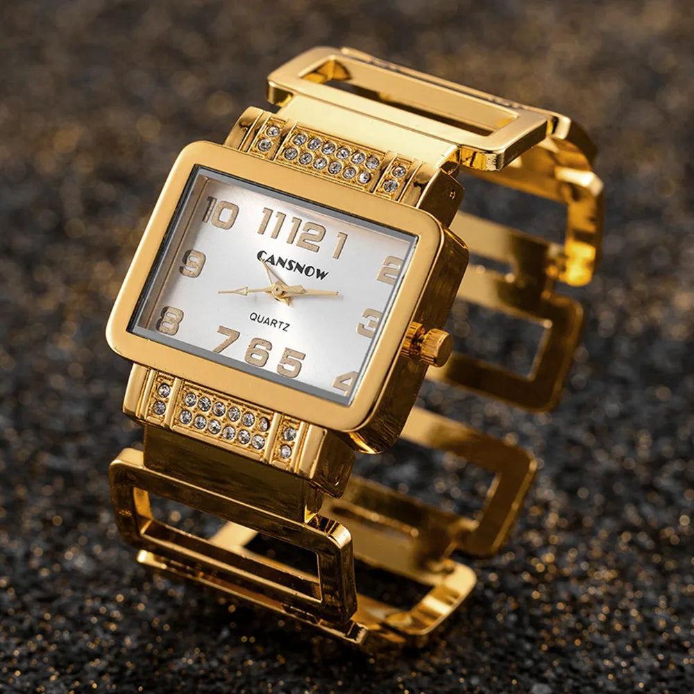 Cansnow Rectangle Ladies Wristwatch Gold Silver Bangle Watches for Women Rhinestone Hollow Steel Quartz Female FashionClock