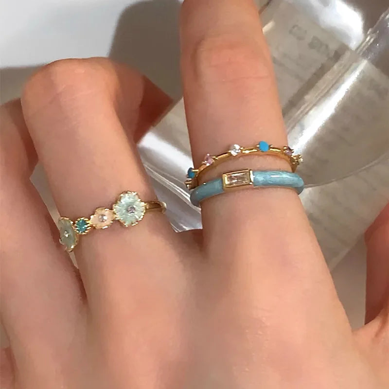 PANJBJ 925 Sterling Silver Golden Flower Rings For Women Drip Glaze Plant Irregular Adjustable Sweet Jewelry Gift Dropshipping