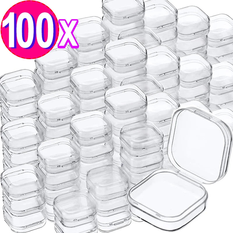 100pcs Lots Mini Square Storage Box Transparent Plastic Flip Cover Small Case Pill Jewels Dustproof Storage Pack Boxes Wholesale