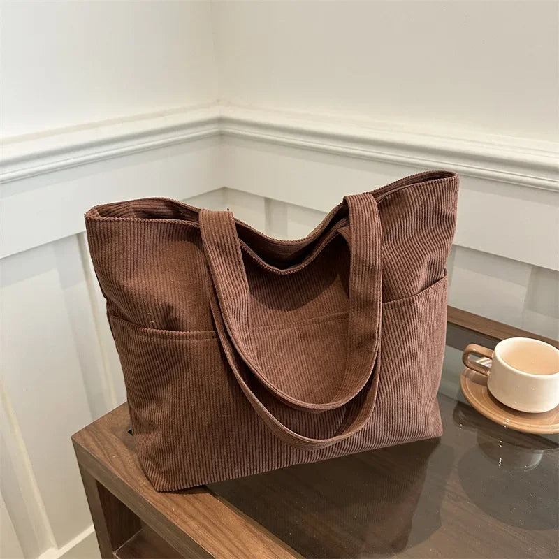 Simple Large Capacity Tote Women Shoulder Bag Retro Corduroy Ladies Shopping Commuter Underarm Bags Female Multi-pocket Handbags