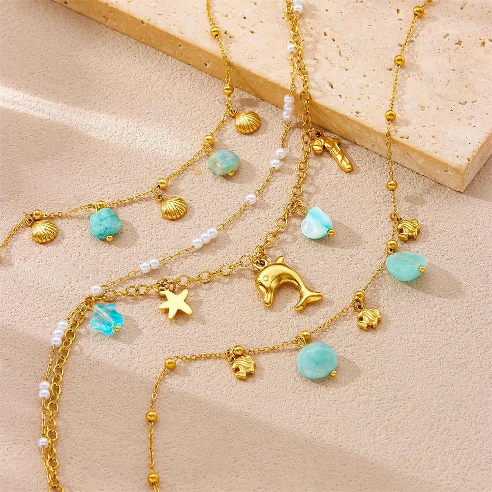 DIEYURO 316L Stainless Steel Sea Shell Starfish Pearl Ocean Series Anklets For Women Trend Foot Chains Anti-Rust Jewelry Gift