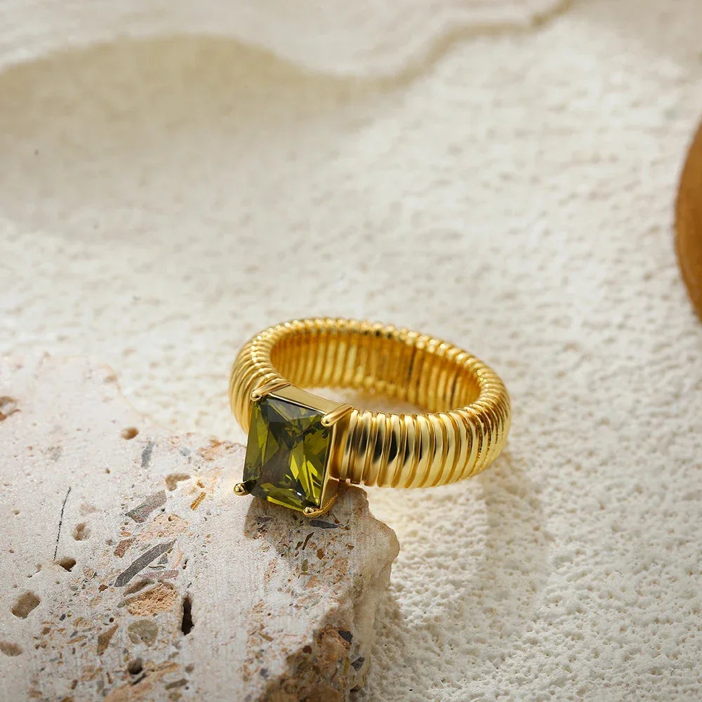 18K Gold Plated Waterproof Multi-color Crystal Chunky Striped Texture Rings Delicate Shiny Square Zircon Wed Ring Punk Jewelry