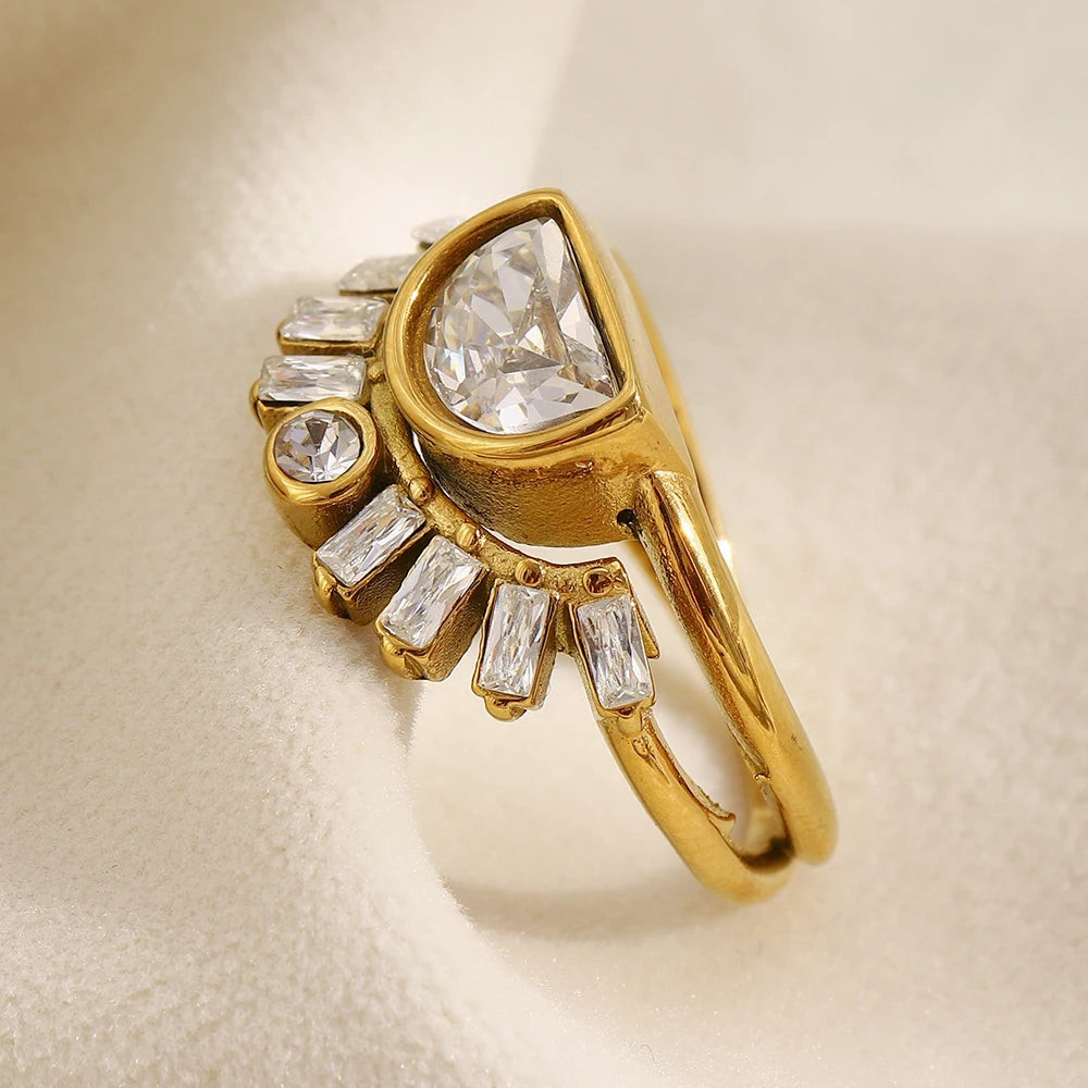 E.B.belle Stainless Steel Rhinestone Jewelry Elegant Sun Layer Shaped Ring  Tarnish Free For Women's Gift Party