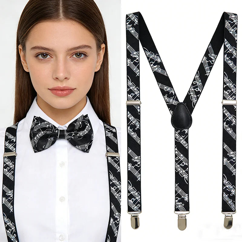 Unisex Y-Shape Suspender Bowtie Set Score Line Music Note Office Casual Braces for Trousers Pants Holder Top Mix Match Women Men