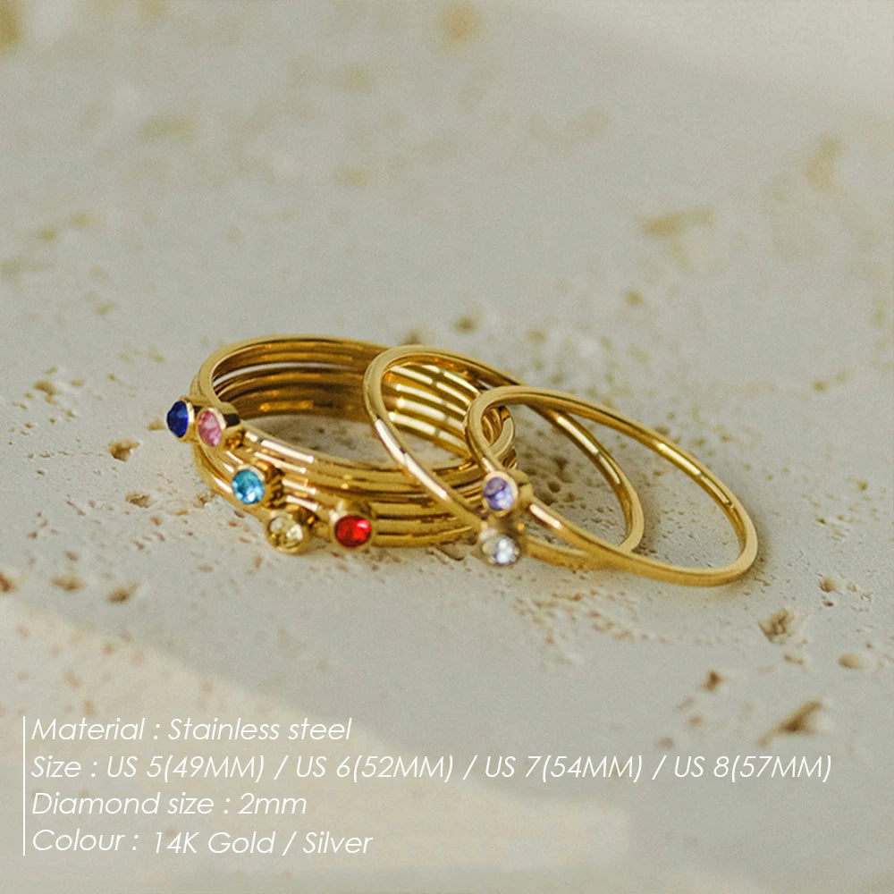 EManco 12 Color Birthstone Ring Stainless Steel Gold Plating Simple Fashion Style for Women Festival Party Gift