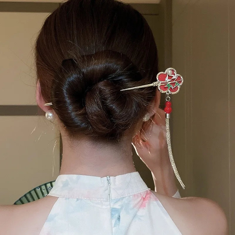 Elegant Chinese Style Hair Clip Tassel Hair Stick Traditional Floral Design Hairstyle Accessory Women Jewelry Hairpin Hairneedle