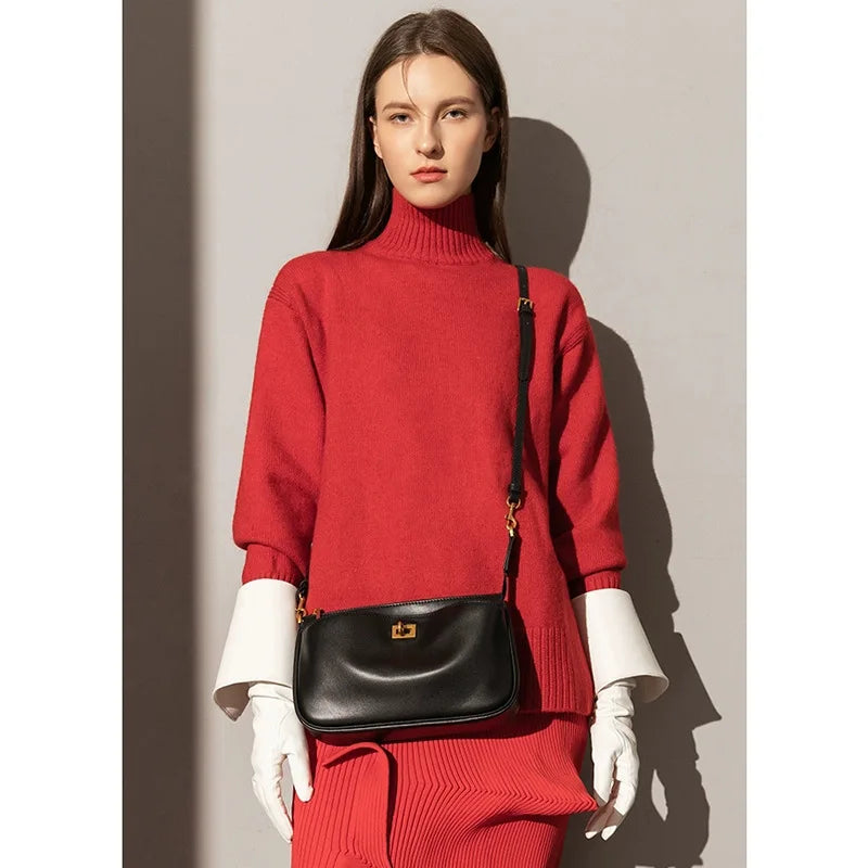 2026 Spring New Luxury Brand Women Shoulder Bags Split Leather Black Handbags Women Fashion Gold Buckle Underarm Bags