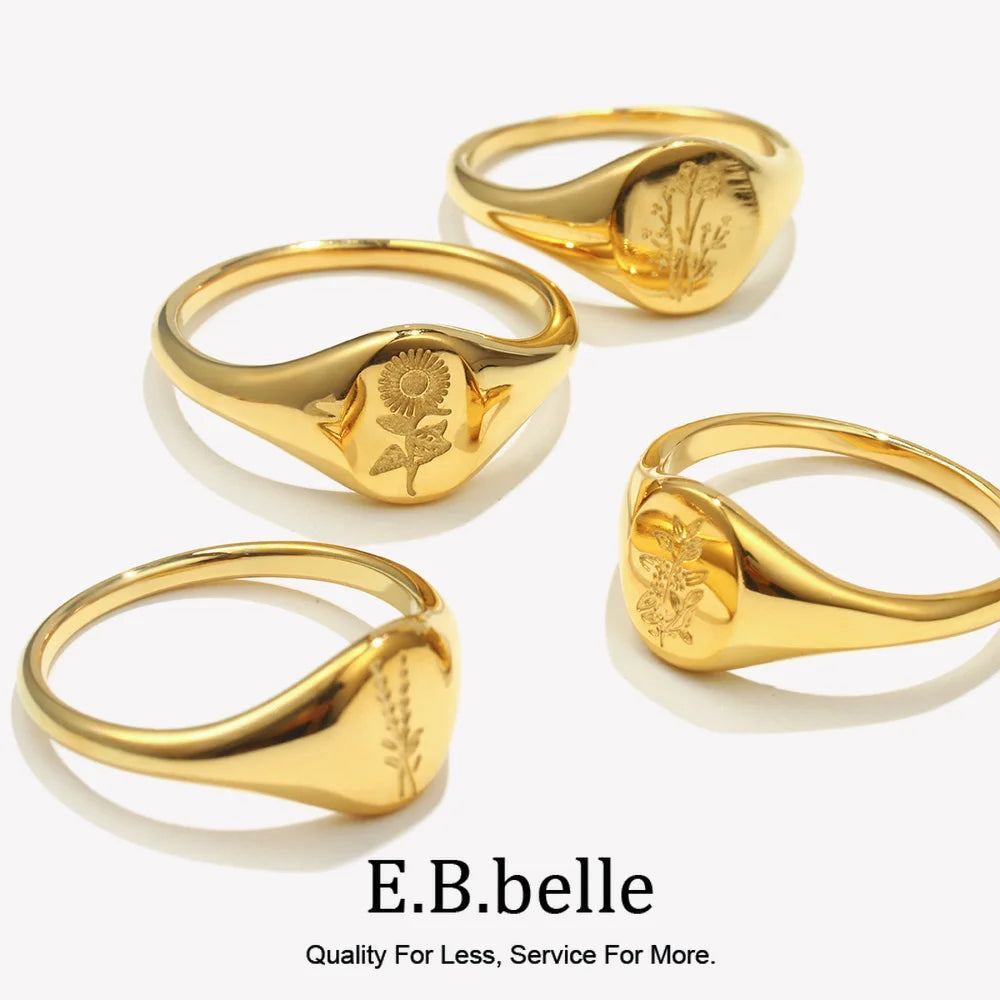 E.B.belle Tarnish Free Stainless Steel 18k Gold Plated Engraving Wildflower Tea Leaf Lavender Sunflower Signet Rings For Women
