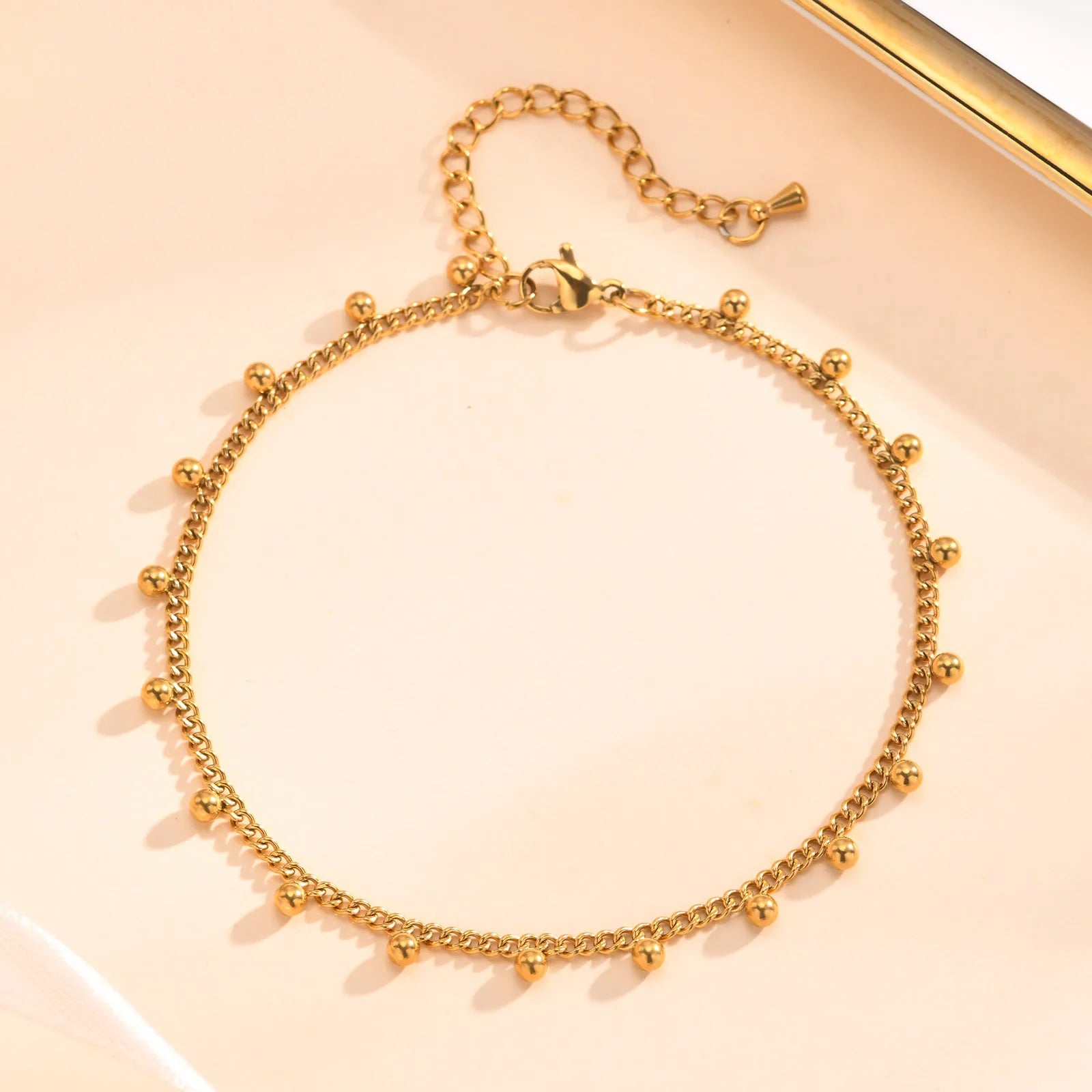 Ball Anklet Bracelet Stainless Steel Non-tarnish Waterproof Adjustable Beach Bead Cuban Link Summer Boho Foot Jewelry for Women