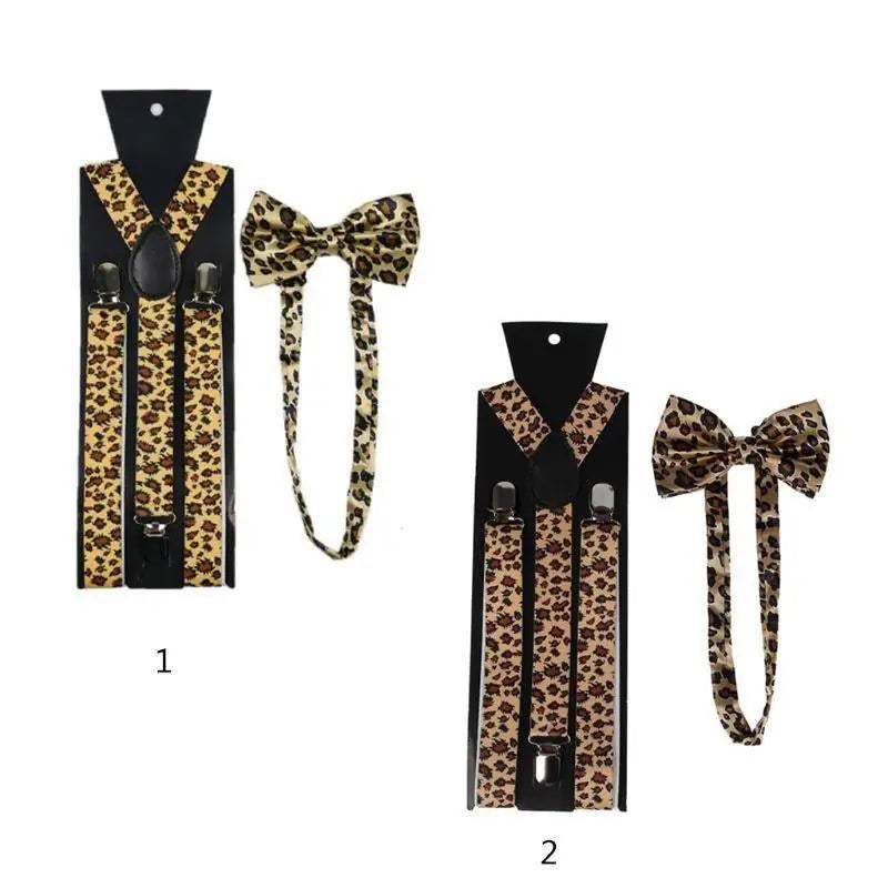 39BB Unisex Suspender Bow Tie Set Wide Leopard Print Adjustable 3 Clip-On Y-Back Belt