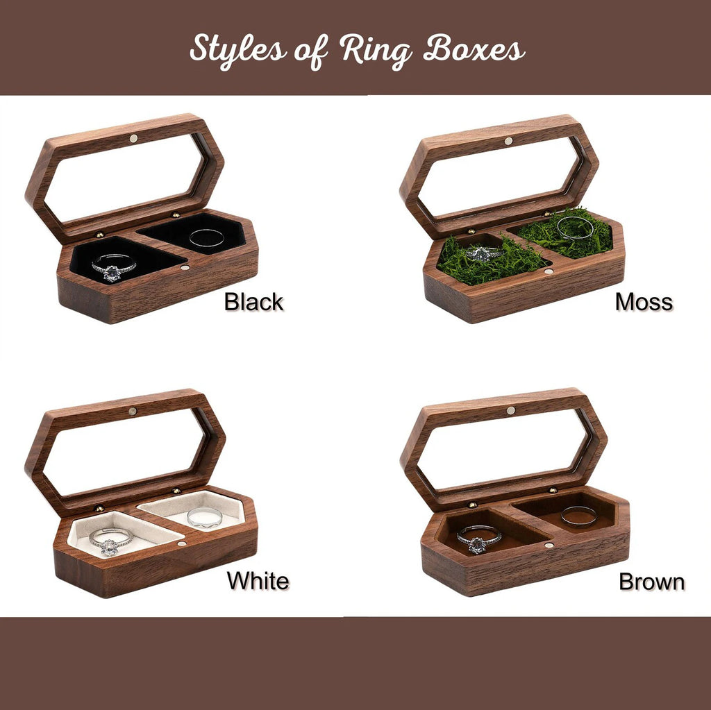 Personalized Walnut Wood Hexagon Ring Box with Glass Top Custom Name Date Engraved Engagement Wedding Ring Holder Keepsake Gift