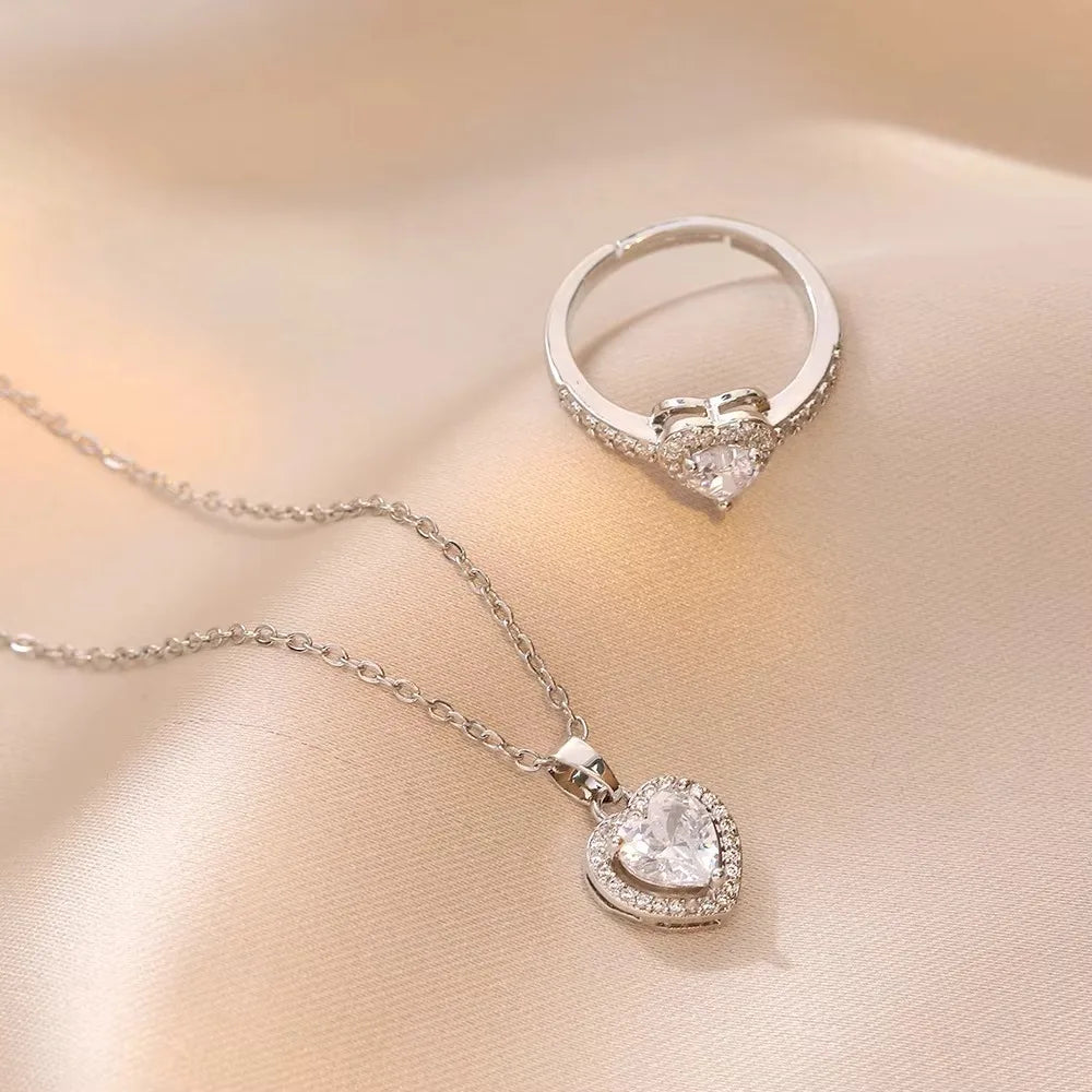 Charm Fashion Pink Heart Zircon Rings for Women Luxury Silver Color Stainless Steel Crystal Necklace Jewelry Set Gift Colorfast