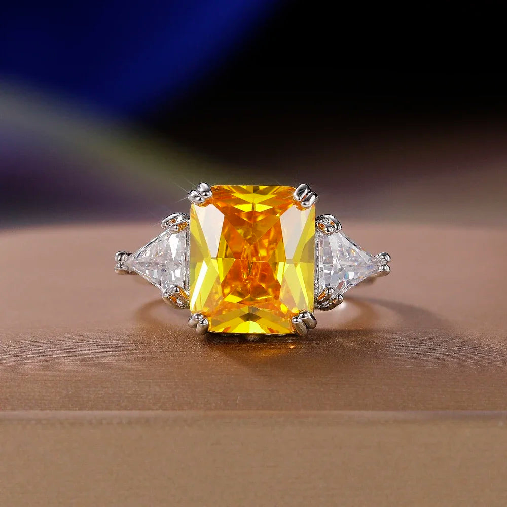 Huitan Geometric Shaped Yellow Cubic Zirconia Rings Silver Color Wedding Bands for Women Brilliant Accessories  Party Jewelry