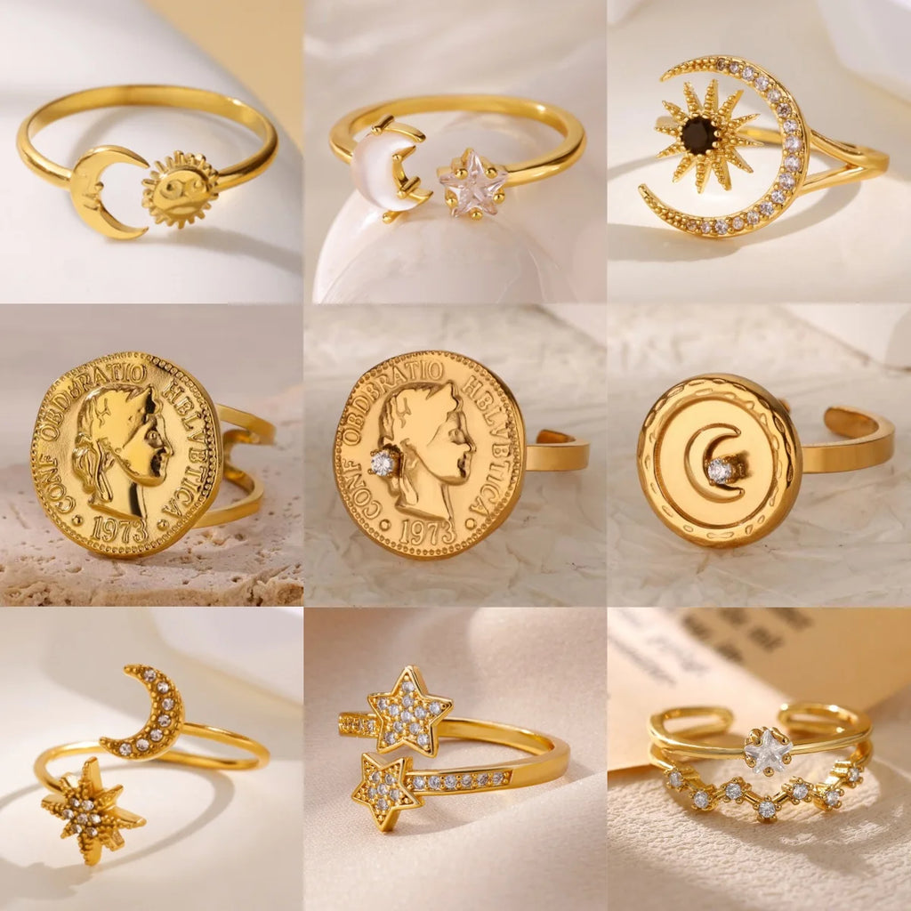 Vintage Ancient Greek Arethusa Goddess Coin Rings For Women Imitation Pearl Zircon Moon Stainless Steel Ring Fashion Jewelry