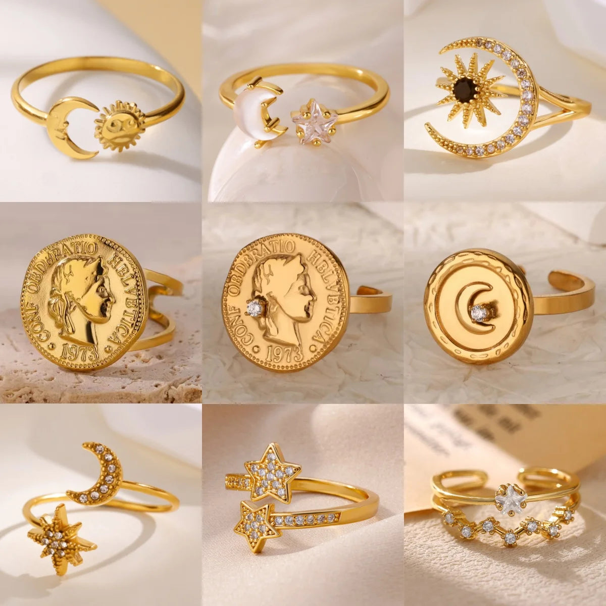 Vintage Ancient Greek Arethusa Goddess Coin Rings For Women Imitation Pearl Zircon Moon Stainless Steel Ring Fashion Jewelry