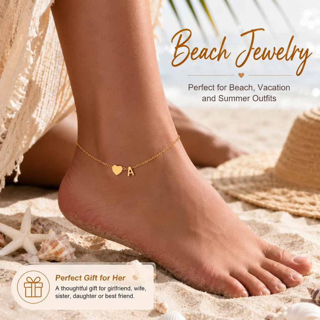 Heart Initial Anklet Bracelets for Women Adjustable Stainless Steel Hypoallergenic Beach Jewelry Personalized Foot Chain Anklet