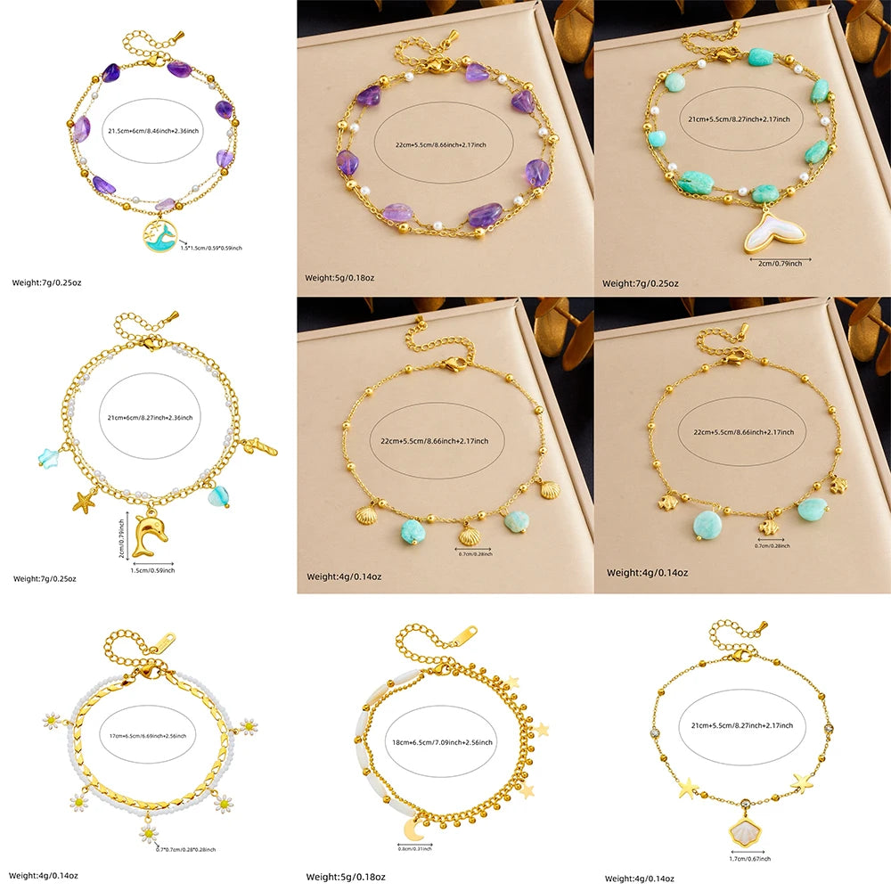 DIEYURO 316L Stainless Steel Sea Shell Starfish Pearl Ocean Series Anklets For Women Trend Foot Chains Anti-Rust Jewelry Gift