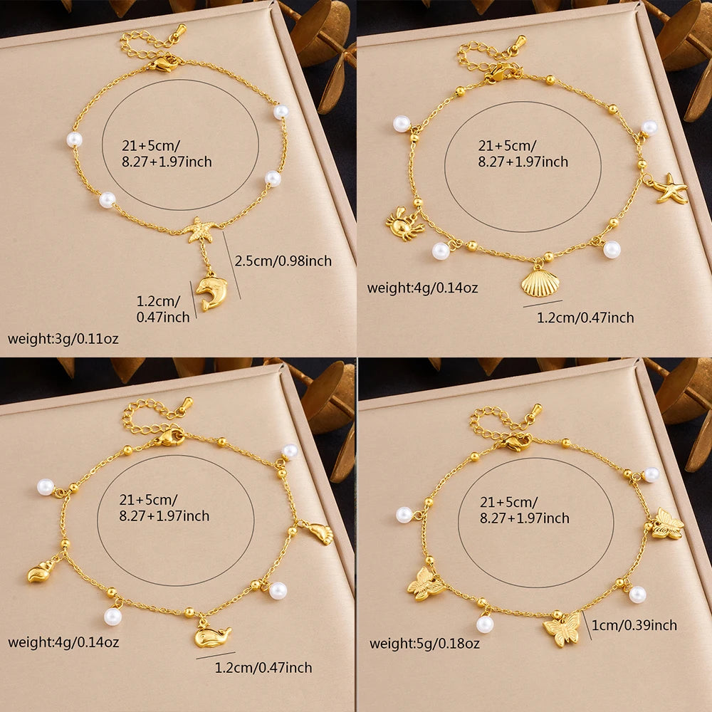 DIEYURO 316L Stainless Steel Golden Ocean Series Zircon Pearl Tassel Pendant Anklets Lady New Waterproof Foot Chain Jewelry Gift