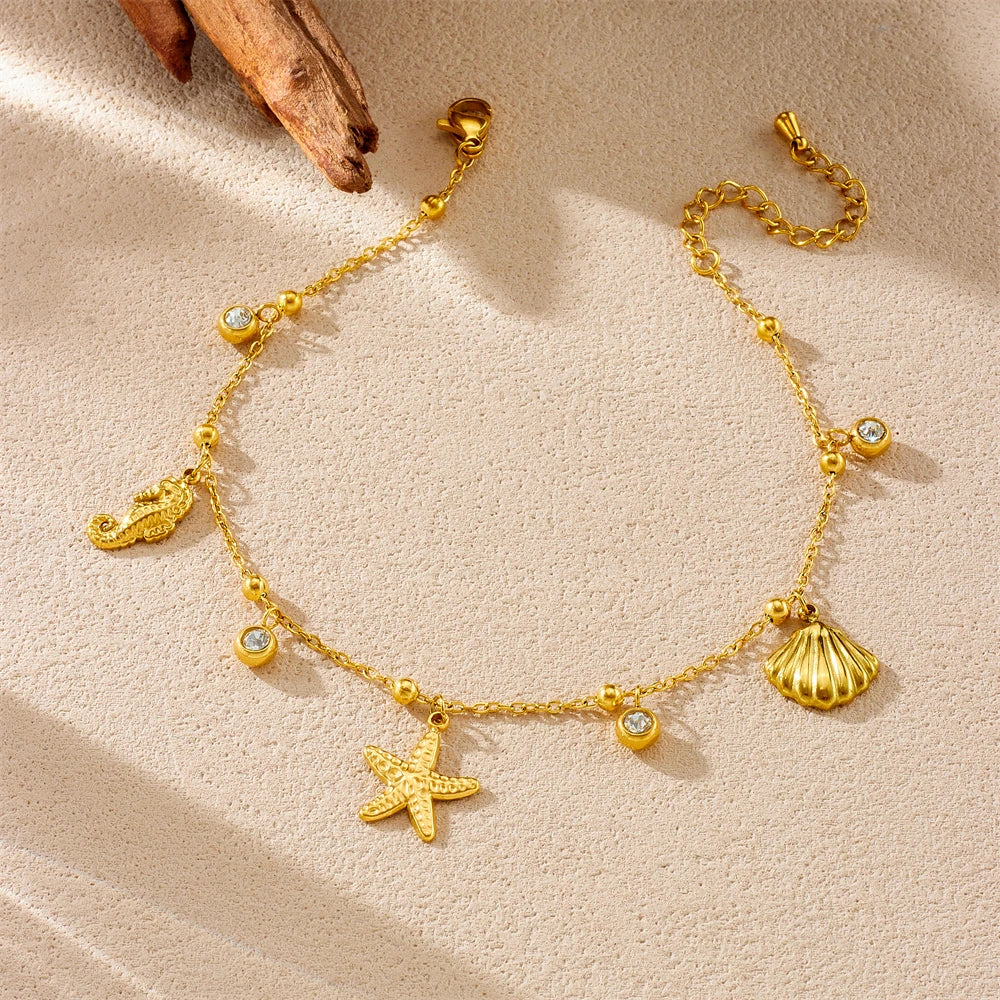 DIEYURO 316L Stainless Steel Classical Elements Starfish Seahorse Shell Pendant Anklets Women Fashion And Leisure Foot Chain