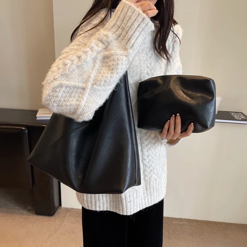 MOODS Retro Designer 2-IN-1 Shoulder Bags For Women Soft PU Leather Pure Color Large Capacity Underarm Hobo Shopper Tote Handbag