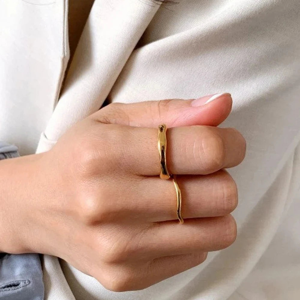 EManco Gold Color / Silver Color Irregular Wave Rings Trendy Simple Geometric Handmade Jewelry for Women Couple