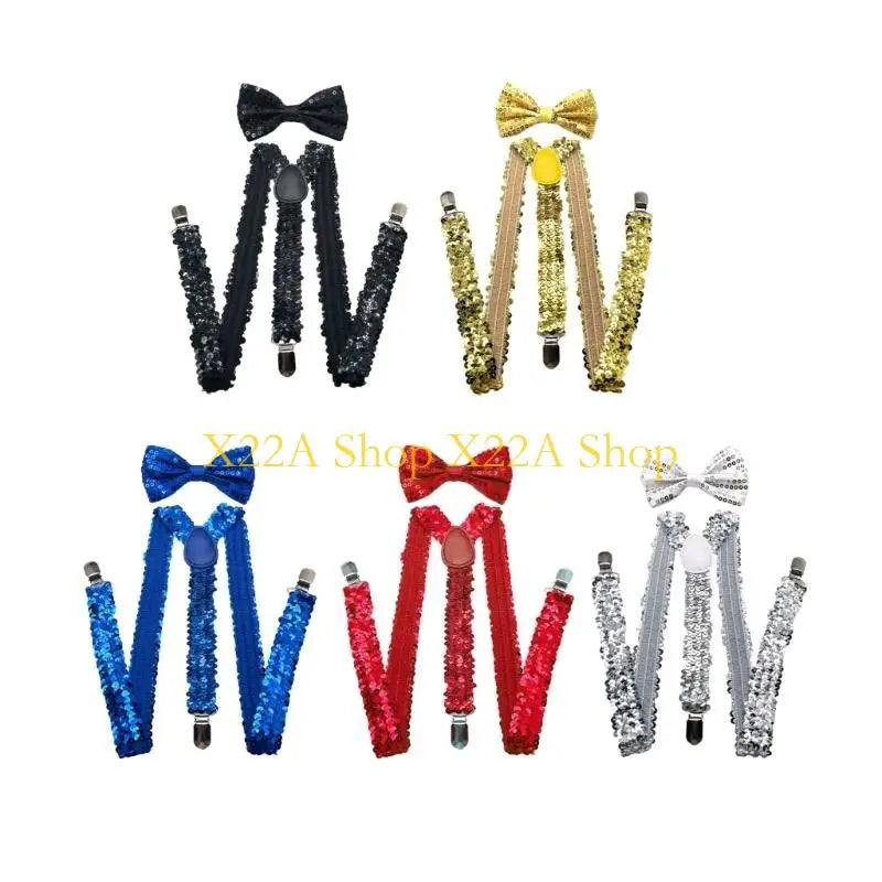 Unique Shining Suspenders Bowtie Set Sequins Brace with Adjustable Straps and Metal Clip for Formal Occasion Stage Show Props
