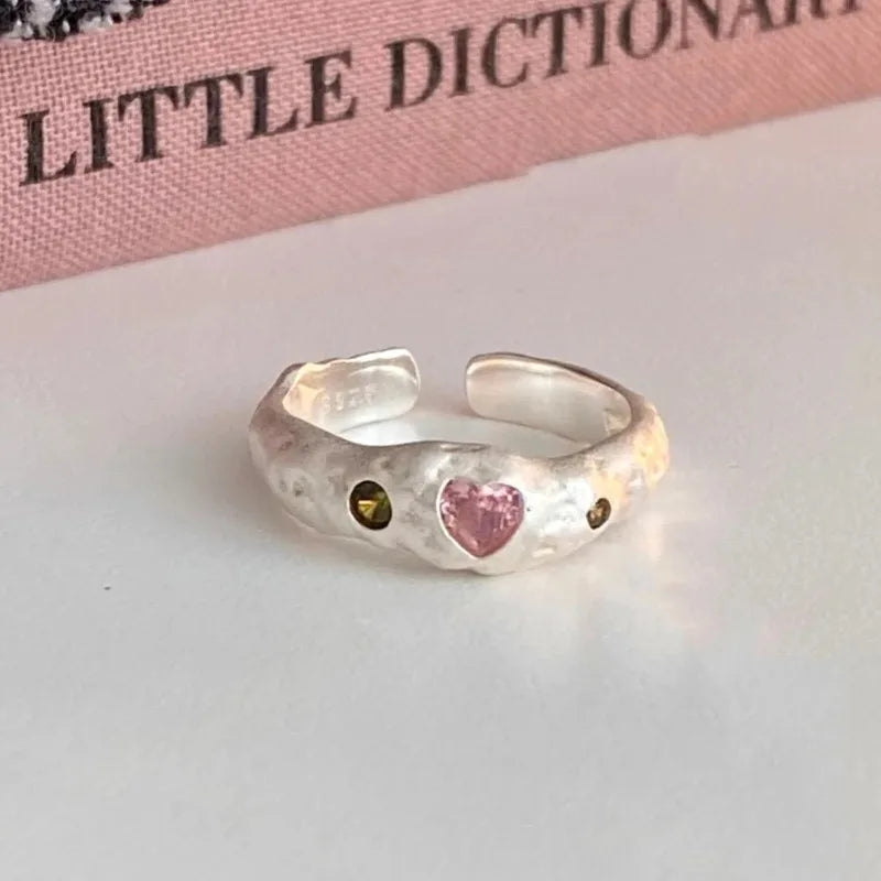 New Sweet Personality 925 Sterling Silver Adjustable Irregularly Texture Heart-shaped Pink Crystal Ring for Woman Korean Jewelry