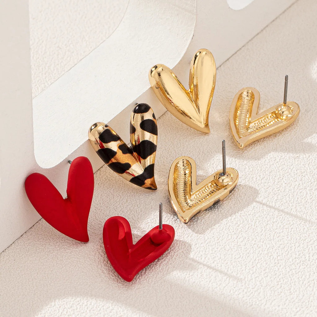 3 Pairs Elegant Design Metallic Enamel Leopard Love Heart Earring Sets Suitable for Party Valentine's Day Give To A Friend Gifts