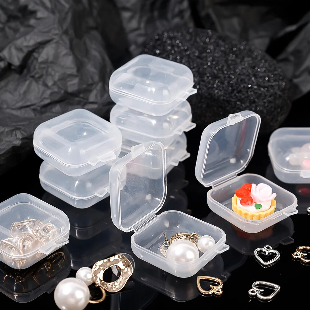 100pcs Lots Mini Square Storage Box Transparent Plastic Flip Cover Small Case Pill Jewels Dustproof Storage Pack Boxes Wholesale