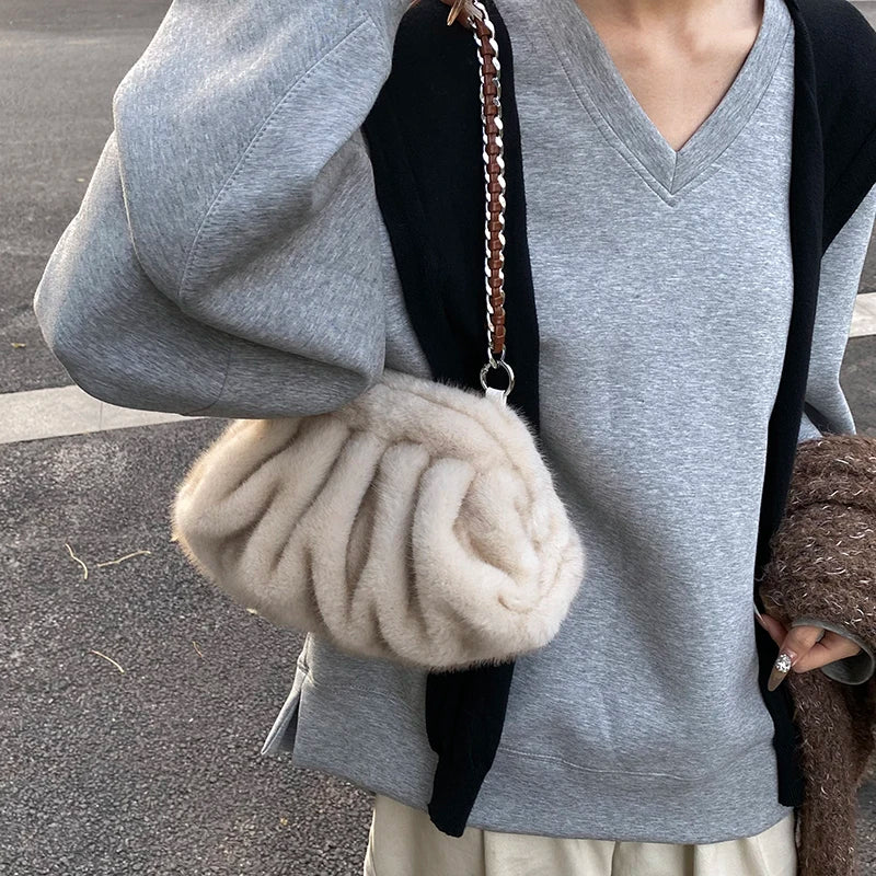 MOODS Pleated Design Faux Fur Shoulder Bags For Women 2024 Luxury Designer Purses And Handbags Winter Warm Soft Plush Hobo Bags