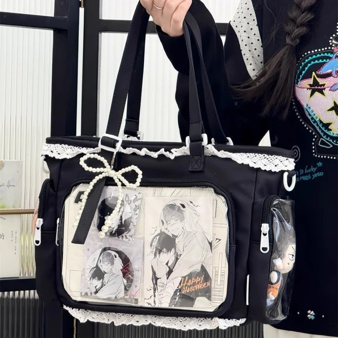 Kawaii Ita Bag Lace Lolita Tote Bag Clear Window Crossbody Shoulder Bag Japanese Style Diy Badge Display Handbag For Anime Fans