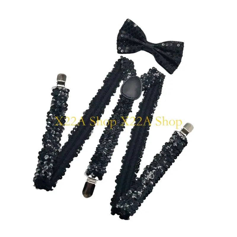 Unique Shining Suspenders Bowtie Set Sequins Brace with Adjustable Straps and Metal Clip for Formal Occasion Stage Show Props