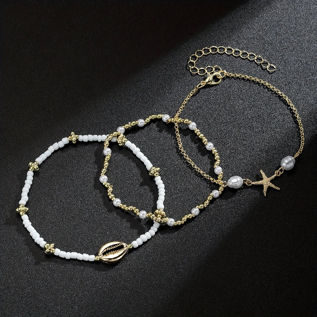 Women's Bohemian Style Beach Vacation Ankle Chains Three-Layer Foot Accessories with Rice Pearls Seashells And Starfish