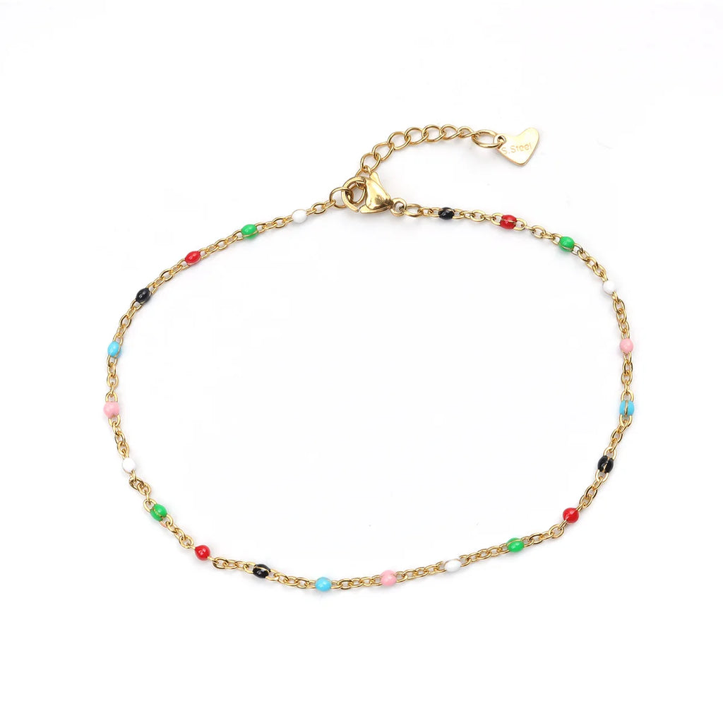 Fashion Colorful Enamel Beads Anklet Gold Color Stainless Steel Chain Anklet Bracelet For Women Summer Beach Foot Jewelry 23cm