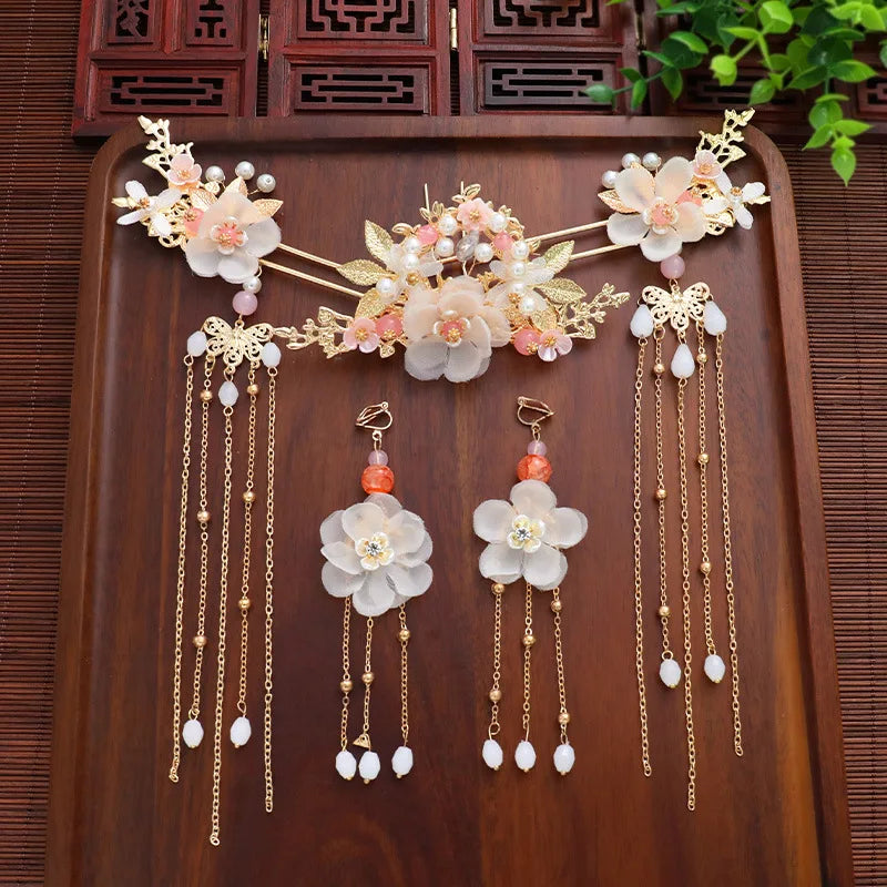 Chinese Hanfu Hairpins Vintage Hair Accessories Long Tassel Flower Hair Stick For Women Traditional Hair Clip Retro Hair Jewelry