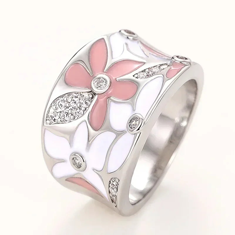 2026 Women's Wedding Party Beautiful Enamel Flower Ring New Silver European and American Style Luxury Zircon Jewelry Gift