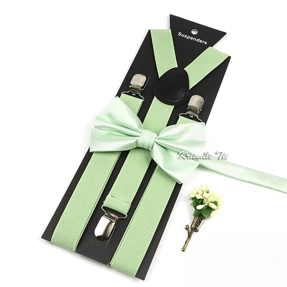 Novalty Sage Green Suspender Bowtie Set For Men Women Kids Romatic Wedding Party Elastic Y-back Straps Pants Shirt Accessory