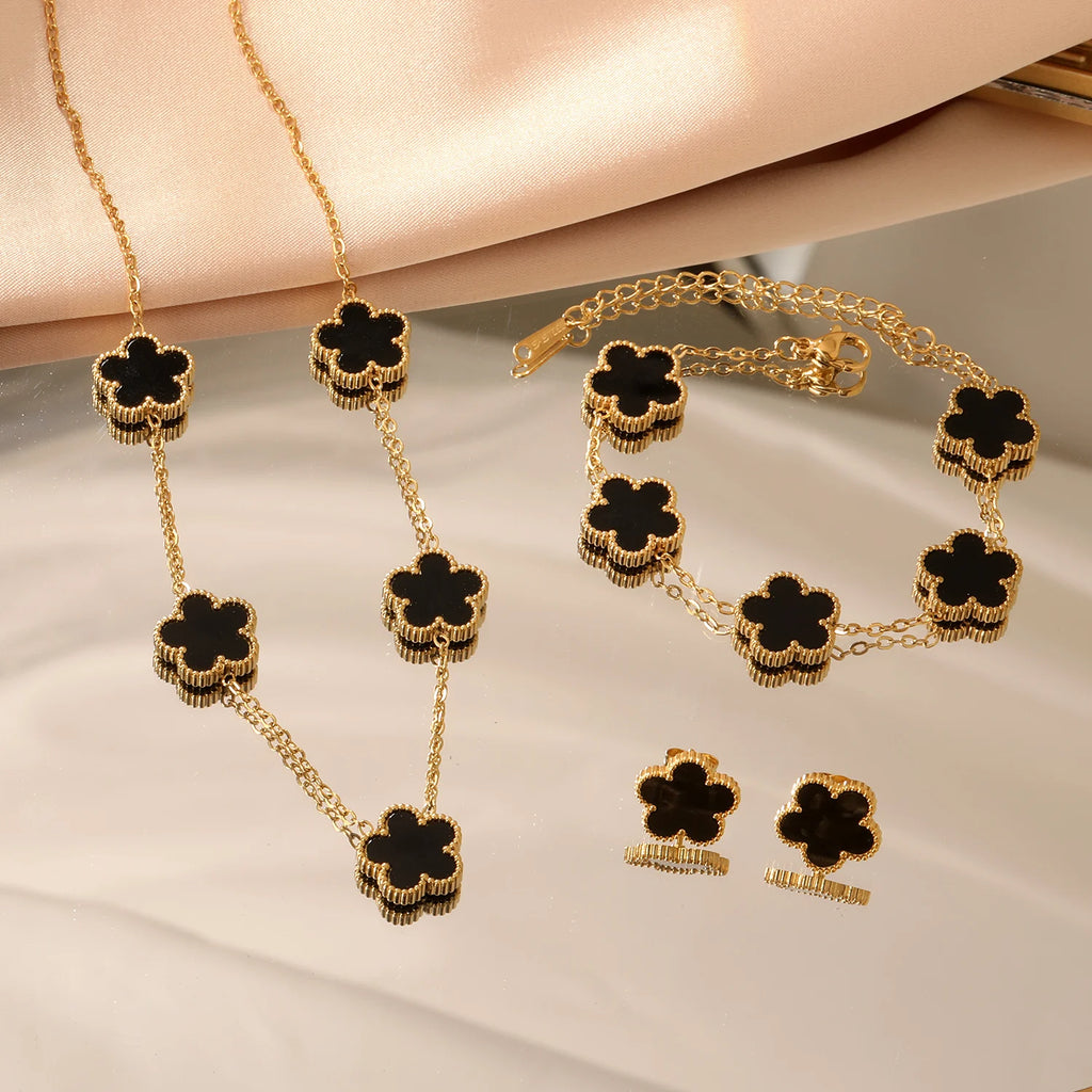 LUXUKISSKIDS Fashion Flower Necklace Earrings Set Jewelry Women Stainless Steel White Shell Clover Bracelet Jewelry Accessories